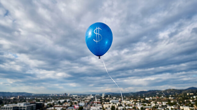 Vibrant blue balloon with white dollar sign rising high into vast cloudy sky. Rising investments, financial ambition, market volatility and uncertain economic growth. Close-up.