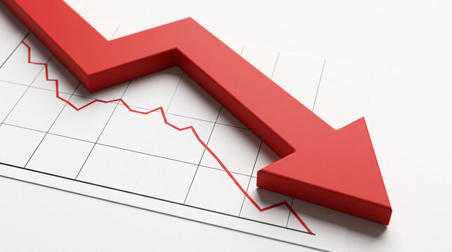 Three-dimensional red arrow plunging diagonally downward across minimalist white financial chart background, corporate business risk visual. Close-up.