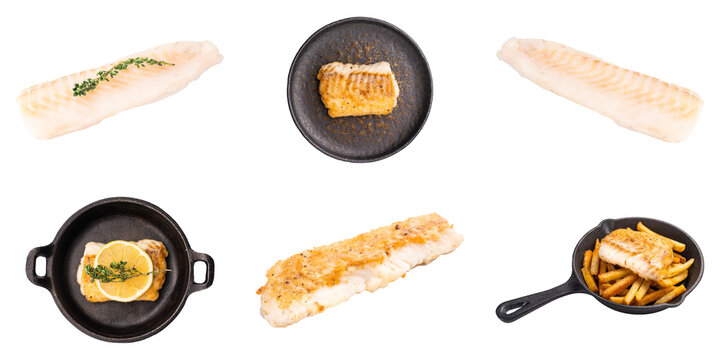 Six cod fish presentations comparing pale raw fillets and golden cooked portions with lemon and fries isolated on white