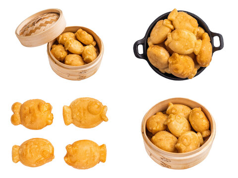 Golden fish shaped bungeoppang pastries displayed in bamboo baskets and a dark pan in four arrangements on white