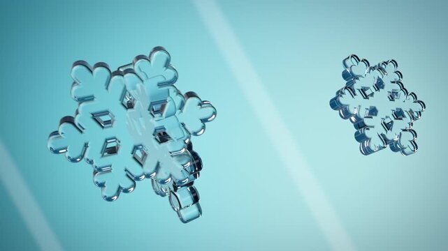 3D glass ice snowflakes rotating winter blue background seamless loop