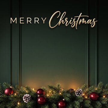Merry Christmas greeting card with dark green wall paneling, glowing festive garland, and red ornaments, elegant holiday banner
