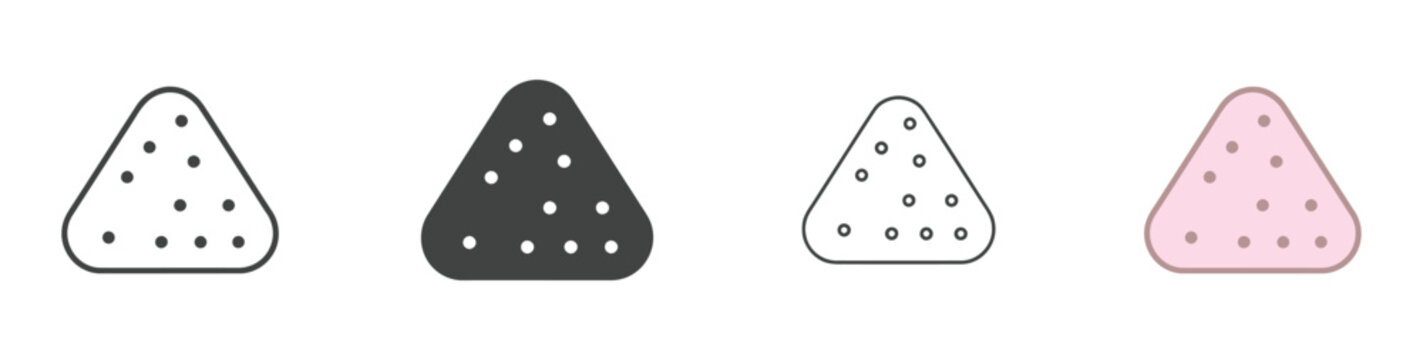 Rounded triangle shaped snack icons resembling nacho chips and rice balls for restaurant menus, food labels, packaging design, and culinary illustrations.