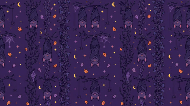 Cute Halloween hanging vampire bats vertical stripes pattern