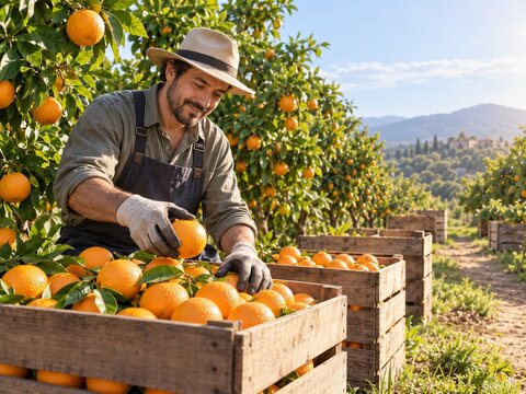 caucasian male farmer sorting ripe organic oranges in wooden crates at citrus fruit orchard. agriculture, harvesting season. farming concept, food production.