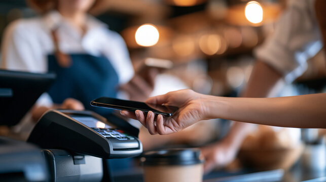 Faceless customer and cashier with a smartphone tap on a POS machine in a cafe, banking app and order, with copy space