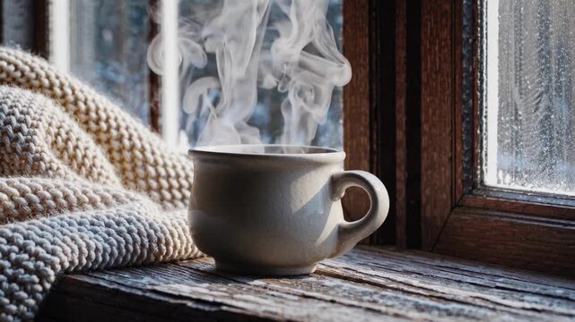 Hot cup emits delicate swirls of rising steam beside cozy knitted wool throw on rustic window frame. Peaceful indoor warmth contrasts softly against frosted glass during quiet wintertime day.