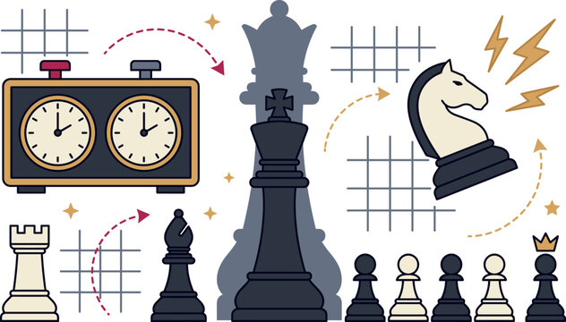 Strategic chess game vector illustration featuring classic pieces chess clock timer lightning bolts and grid patterns for business competition concept