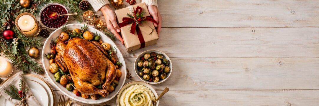roasted turkey on festive table with side dishes and hands holding wrapped gift. christmas and thanksgiving dinner. holiday concept, banner, website header with copyspace.