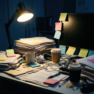 Messy desk with paperwork sticky notes and coffee under a lamp at night