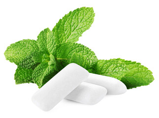 Menthol chewing gum pieces and green mint leaves against transparent background © New Africa