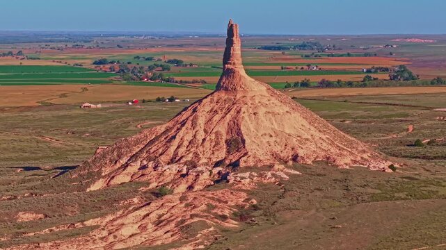 Aerial drone view of Chimney Rock at sunset in Nebraska