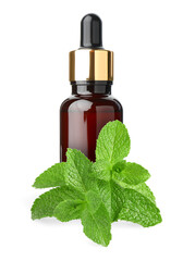 Menthol oil in bottle and green mint leaves against white background © New Africa