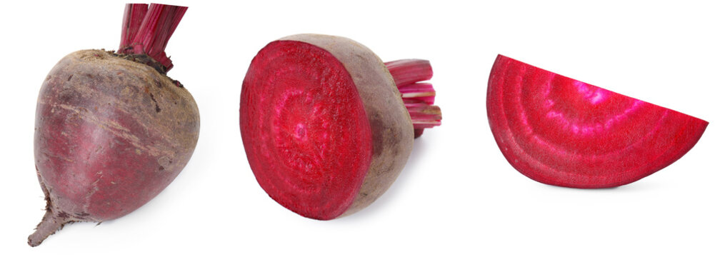Fresh beets isolated on white, set. Whole and sliced