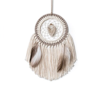 Macrame Dreamcatcher with Feathers in Cream and Beige