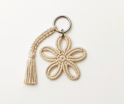 Macrame Flower Keychain with Tassel - Cream