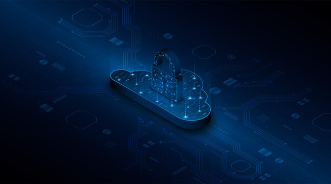The padlock is located on the cloud. Cloud data storage technology is protected. The concept of cloud computing and large data center security technology.