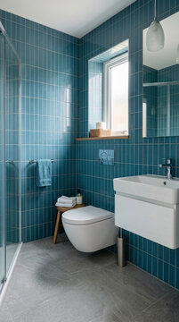 Modern Blue Tiled Bathroom with Floating Vanity and Glass Shower Enclosure