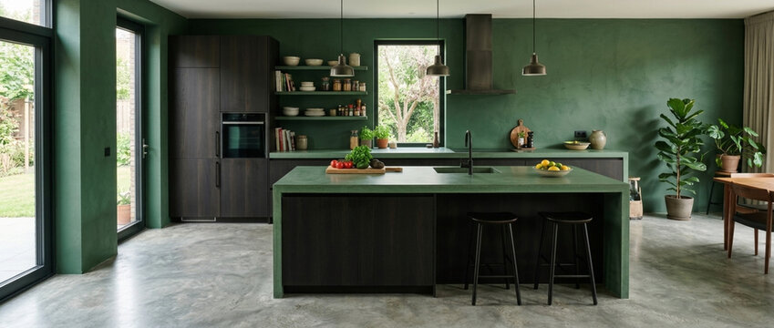 Modern Dark Green Kitchen Island with Stools and Plants Contemporary Home Design