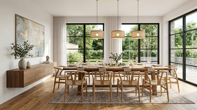 Modern Dining Room with Large Wooden Table Natural Light and Garden View