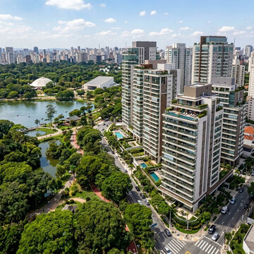 Modern Cityscape with Lush Green Park and Lake Aerial View of High Rise Apartments and Urban Skyline