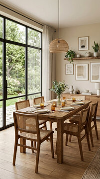 Modern Dining Room with Natural Light and Rattan Chairs Cozy Home Interior