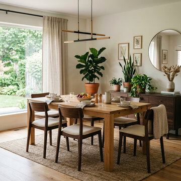 Modern Dining Room with Natural Light Wooden Furniture Plants and Artwork