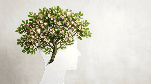 shape Tree, Growth. Human brain tree with flowers, self care and mental health concept, positive attitude, creative mind, generative AI