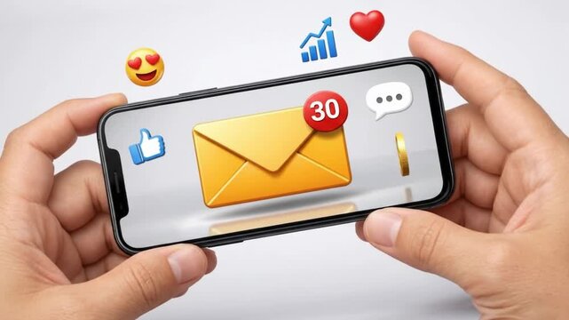 Two hands holding smartphone displaying email notification with social media reaction emojis