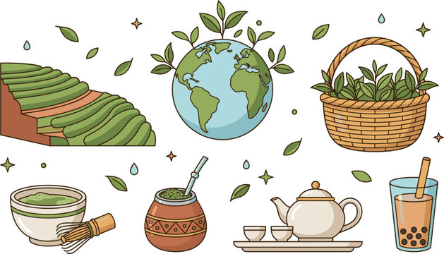 Tea culture vector illustration set featuring green terrace field planet earth wicker basket matcha bowl mate calabash teapot and boba bubble tea