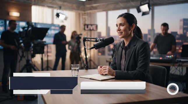 Professional woman hosting live broadcast in modern studio with city view and production crew