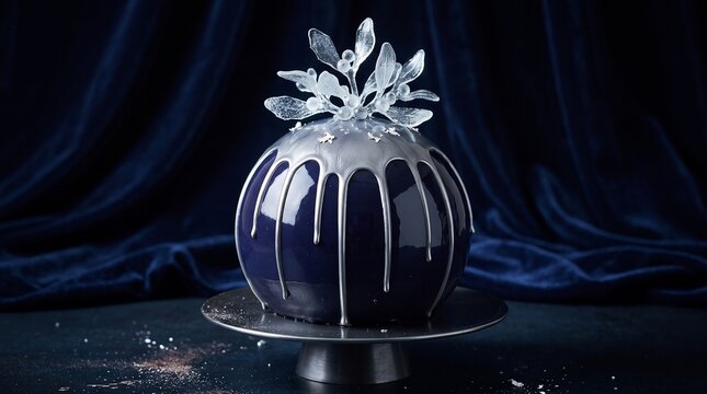 A spherical cake with blue glaze silver drips and sugar mistletoe