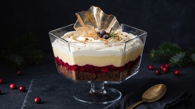Layered cranberry trifle dessert in a glass bowl with dark background