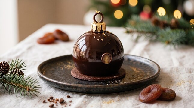 Chocolate mirror glaze dessert shaped like a Christmas tree bauble ornament