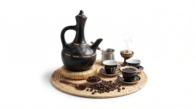Traditional Ethiopian Coffee Ceremony Set with Jebena Pot, Cups, Beans, and Incense for Cultural Presentation