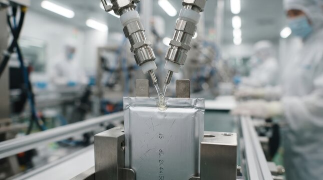 Battery pouch cell filling nozzles sealing an electrolyte port on a factory line