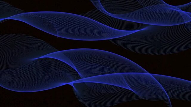 Glowing blue digital wave lines undulating smoothly across dark black background creating modern futuristic motion graphics texture and abstract technology design visual experience