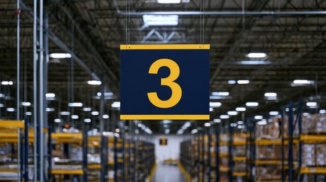Aisle number 3 is visible in a large industrial storage facility. Metal shelving extends in the distance under cool warehouse lights.