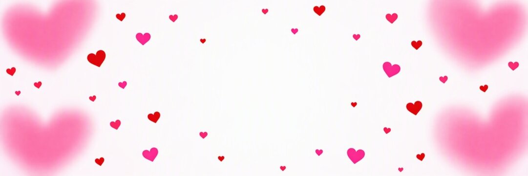 Red and pink heart shapes scattered on white background forming a border