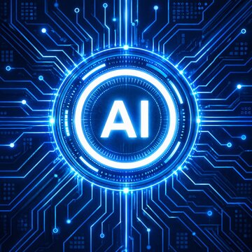 Glowing artificial intelligence symbol in the center of futuristic blue digital circuit board
