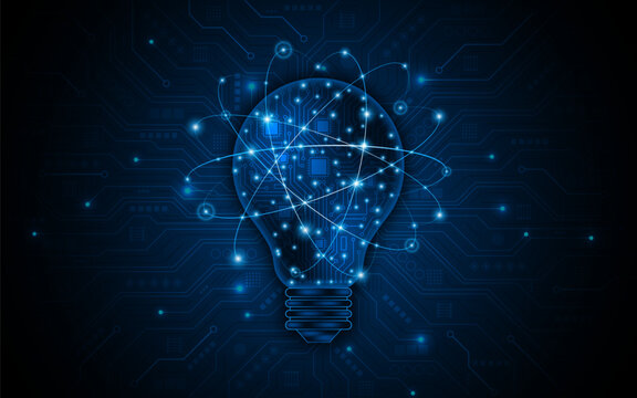 An innovative and creative light bulb concept incorporating advanced smart digital technology. A futuristic light bulb with integrated circuits and data connectivity for business applications.