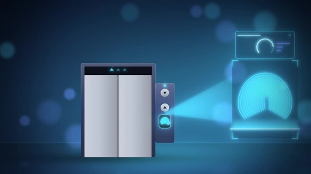 Blue fingerprint scanner elevator access panel unlocking centered view