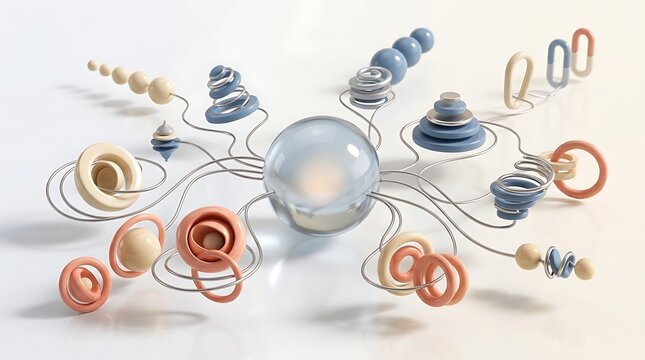 Abstract composition of a glass sphere connected to various shaped colorful beads on thin wires with structure geometric arrangement 3D render modern art pastel colors