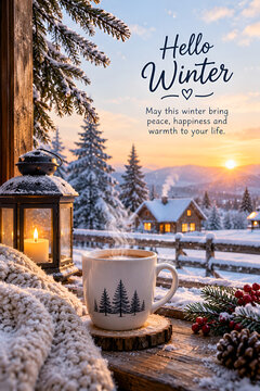 Cozy Snowy Cabin at Sunrise with Hot Coffee and Candlelight