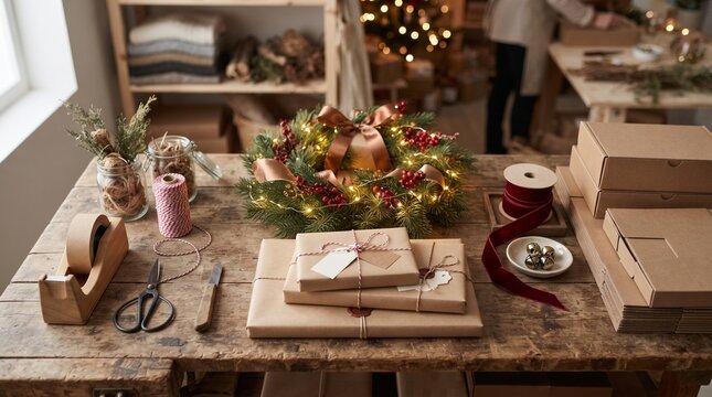 Christmas gift wrapping station with festive wreath presents and supplies on rustic wooden table