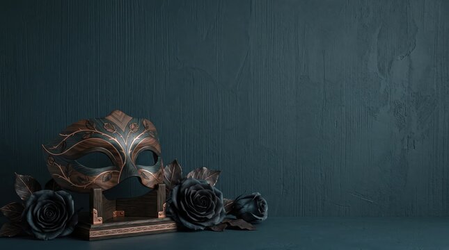 Gothic Halloween background with leaf-engraved wooden masquerade mask on copper-cornered stand, black roses and weathered dark teal plaster wall leaving copy space for banners