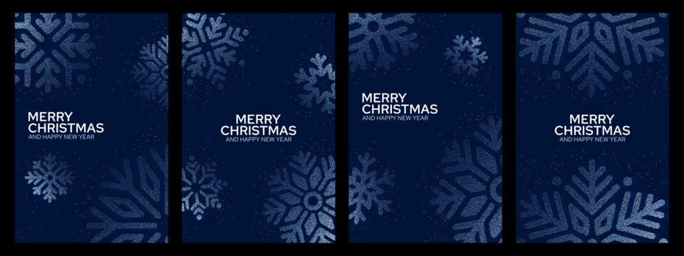 Four Christmas greeting card designs with snowflakes and New Year wishes. Seasonal holiday stationery. Winter celebration and festive greeting template. Blue decorative vector backgrounds