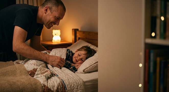 A smiling father gently tucks his young son under a blanket in a cozy bedroom, lit by a warm night lamp and string lights.