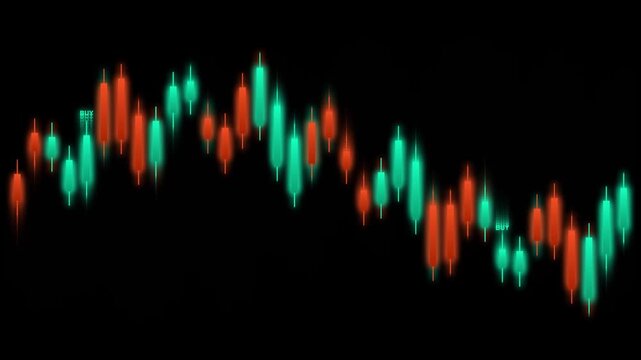 Stock market candlestick chart with buy sell indicators moving on black background animation.