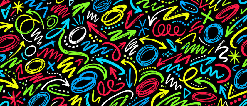 Neon multicolor abstract scribble panel with arrows, loops, circles and energetic line strokes on black, neon, scribbles, arrows,